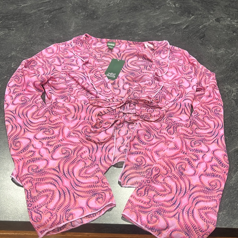 Wild Fable pretty pink/purple/orange flowy tie blouse w wide sleeves NWT